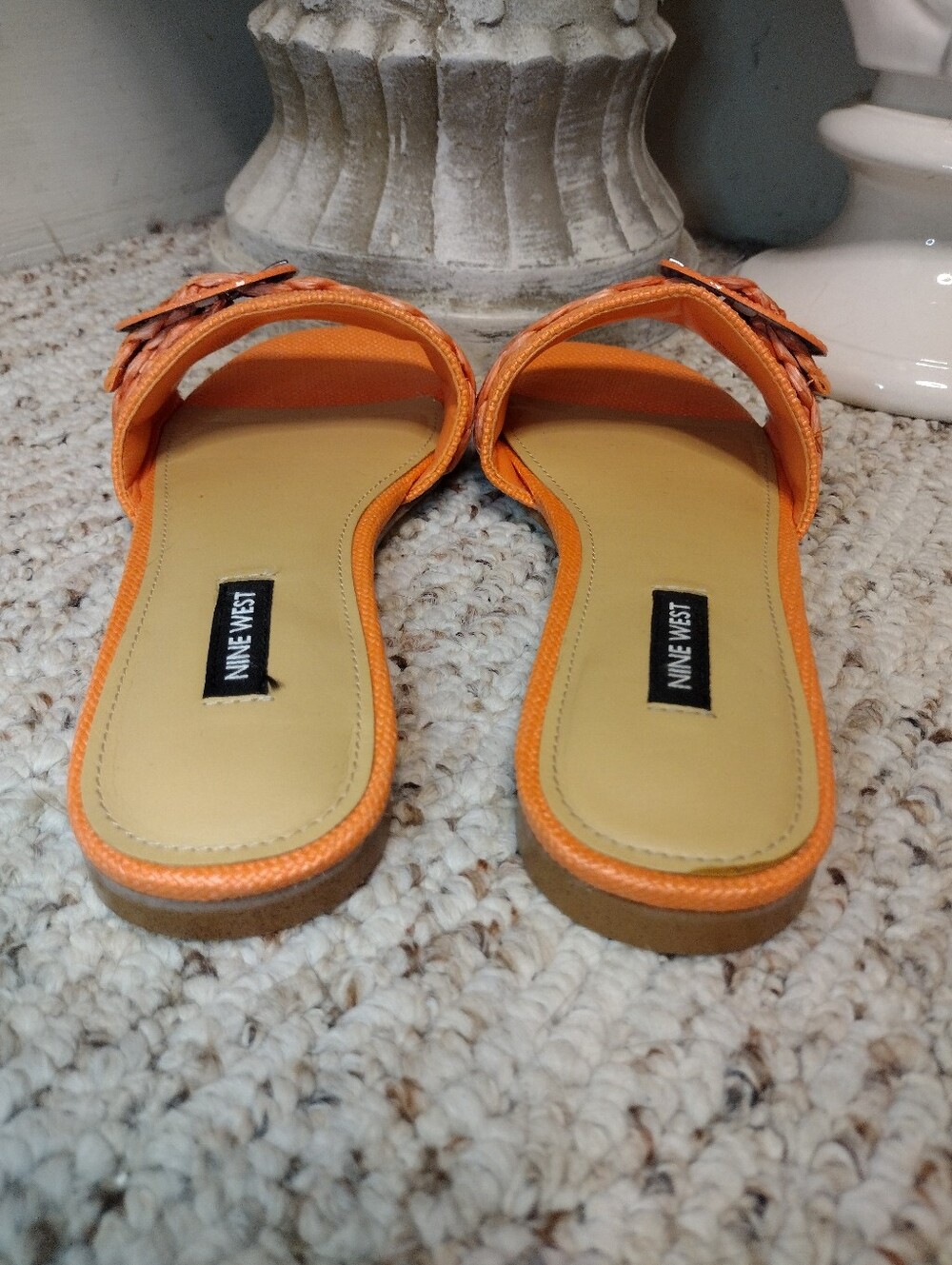 Nine West Hagleigh Buckle & Rattan Crochet Trimmed, Linen-Like Slide Sandals - Picture 3 of 6